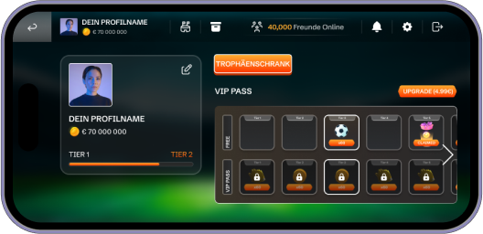 Ingame Screenshot Benutzerprofil mit Level, Fortschritt, Belohnungen und Spielelementen auf einem Mobilgerät.